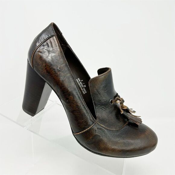 Born Women's Brown Leather Tassel Heeled Loafers Size 8 with Tassels - Picture 1 of 14